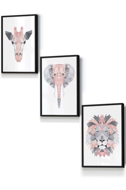 ARTZE Geometric Pink Grey Jungle Animal Heads Framed Wall Art - Small in Black - Size: W33 cm x H45 cm x D20mm - image 1