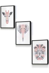 ARTZE Geometric Pink Grey Jungle Animal Heads Framed Wall Art - Small in Black - Size: W33 cm x H45 cm x D20mm - thumbnail 1