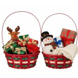 Almineez Set of 2 Christmas Bamboo Hamper Baskets with Handles - Red & Green