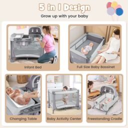 Costway 5 in 1 Portable Nursery Center Foldable Baby Playard w/ Bassinet in Grey - thumbnail 6