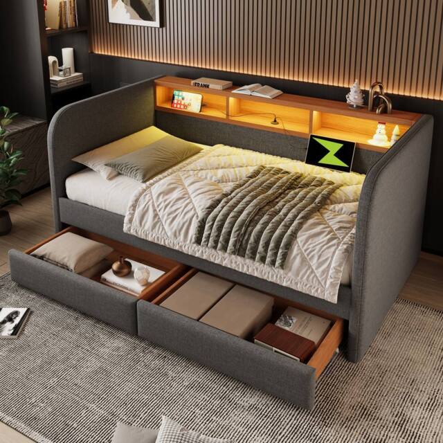 BTM Daybed Storage Headboard LED USB Bed 3FT Linen Sofa Bed Grey - Size: Single - image 1