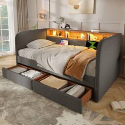 BTM Daybed Storage Headboard LED USB Bed 3FT Linen Sofa Bed Grey - Size: Single - thumbnail 4