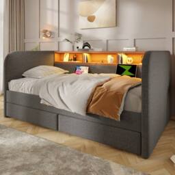 BTM Daybed Storage Headboard LED USB Bed 3FT Linen Sofa Bed Grey - Size: Single - thumbnail 5