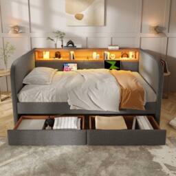 BTM Daybed Storage Headboard LED USB Bed 3FT Linen Sofa Bed Grey - Size: Single - thumbnail 2