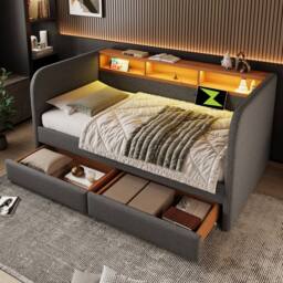 BTM Daybed Storage Headboard LED USB Bed 3FT Linen Sofa Bed Grey - Size: Single - thumbnail 1