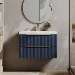 Balterley Fluted Front Wall Hung 2 Drawer Vanity Basin Unit, Satin Blue, 800mm in Blue - thumbnail 2