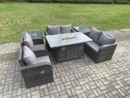 Fimous 6 Seater Rattan Garden Furniture Set Propane Gas Fire Pit Table & Sofa Chair set with 2 Side Tables in Dark Grey - thumbnail 3
