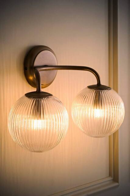 ValueLights Kempton Ribbed Glass Globe Shade 2 Arm Wall Light with Bulbs in Gold - image 1