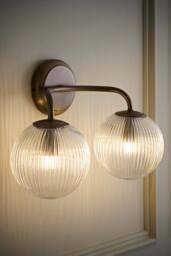 ValueLights Kempton Ribbed Glass Globe Shade 2 Arm Wall Light with Bulbs in Gold - thumbnail 2