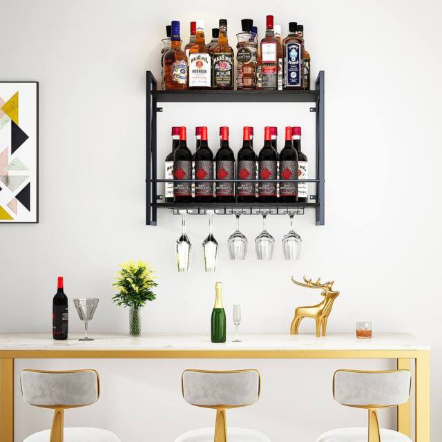 Huhote Wine Rack Wall Mounted Wine Holder 2 Tier Iron Frame for Small Spaces in Black - image 1