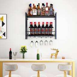 Huhote Wine Rack Wall Mounted Wine Holder 2 Tier Iron Frame for Small Spaces in Black - thumbnail 1