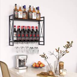 Huhote Wine Rack Wall Mounted Wine Holder 2 Tier Iron Frame for Small Spaces in Black - thumbnail 2