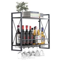Huhote Wine Rack Wall Mounted Wine Holder 2 Tier Iron Frame for Small Spaces in Black - thumbnail 6