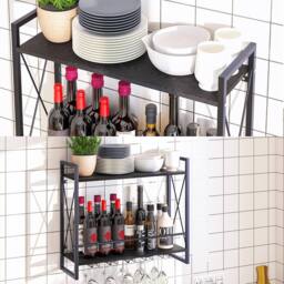 Huhote Wine Rack Wall Mounted Wine Holder 2 Tier Iron Frame for Small Spaces in Black - thumbnail 3