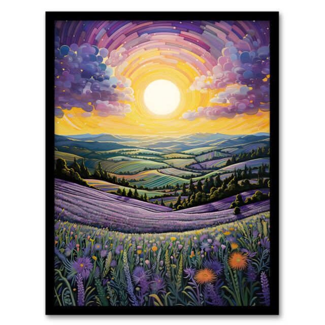"Artery8 Wall Art Print Vibrant Sunrise over Blooming Lavender Fields Framed Art Picture in Purple - Size: W12"" x H16""" - image 1