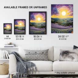 "Artery8 Wall Art Print Vibrant Sunrise over Blooming Lavender Fields Framed Art Picture in Purple - Size: W12"" x H16""" - thumbnail 3