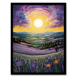 "Artery8 Wall Art Print Vibrant Sunrise over Blooming Lavender Fields Framed Art Picture in Purple - Size: W12"" x H16""" - thumbnail 1