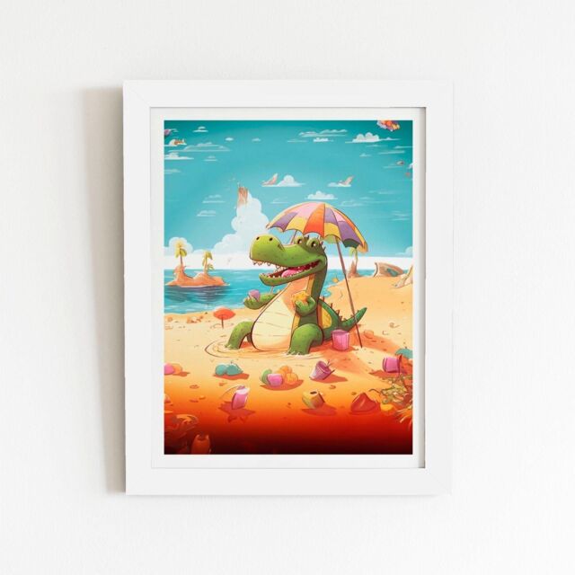 "Warren Reed - Designer A Crocodile On A Beach Holiday Framed Art Print in White - Size: W8"" x H10""" - image 1