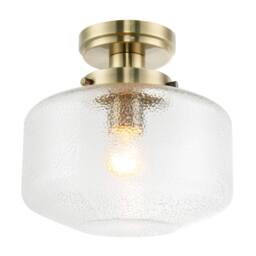 Happy Homewares Antique Brass Semi Flush Ceiling Light with Dimpled Clear Glass Shade in Metallic Gold