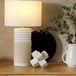 Wyld and Coco Table Lamp - Beige Linen Drum Shade Cream Porcelain Base - thumbnail 1