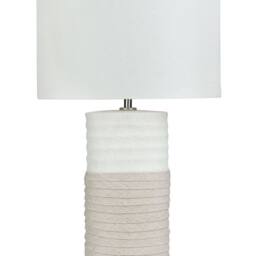 Wyld and Coco Table Lamp - Beige Linen Drum Shade Cream Porcelain Base - thumbnail 2