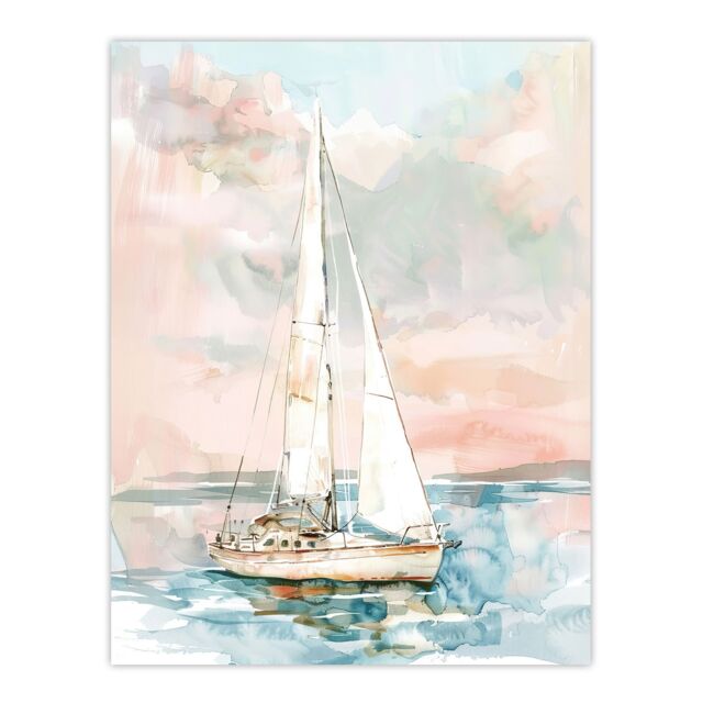 "Artery8 Sailboat Early Morning Seascape Watercolour Wall Art Print in Pink - Size: W24"" x H32""" - image 1