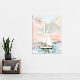 "Artery8 Sailboat Early Morning Seascape Watercolour Wall Art Print in Pink - Size: W24"" x H32""" - thumbnail 4