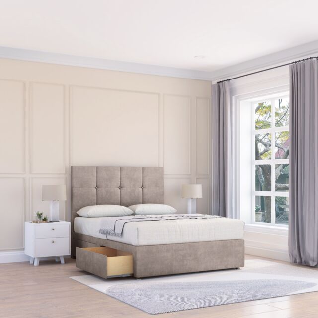 "Sloomy Jasmine Plush Bed Set With 4 Drawers, Mattress & 54"" Headboard in Stone - Size: Small Double" - image 1