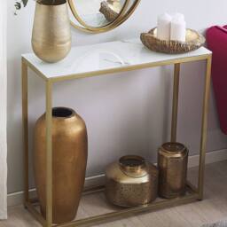 Wyld and Coco Console Table White Marble Effect Tempered Glass Top Gold Base