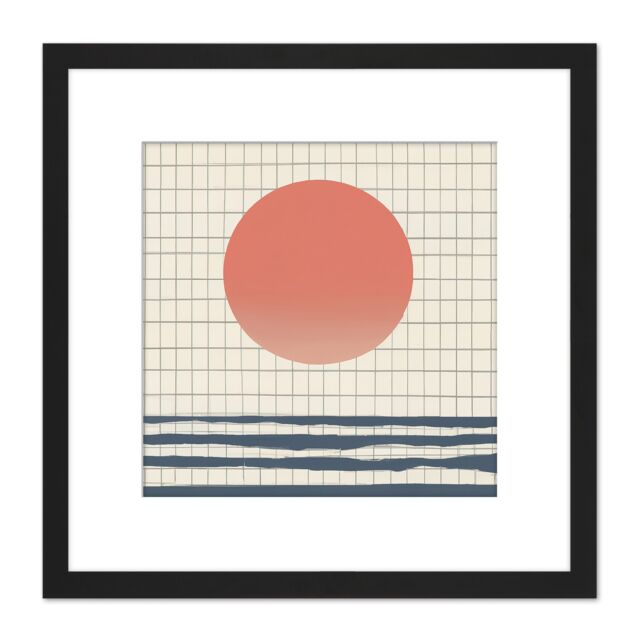 Artery8 Ocean Sunset Simple Sun Moon Abstract Japan Grid Modern Painting Square Wooden Framed Wall Art Print Picture 8X8 Inch in Black - image 1