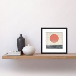 Artery8 Ocean Sunset Simple Sun Moon Abstract Japan Grid Modern Painting Square Wooden Framed Wall Art Print Picture 8X8 Inch in Black - thumbnail 2