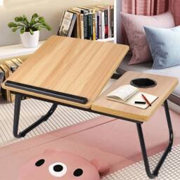 EONLION Walnut Folding Laptop Desk Tray Writing Reading Table in Light Brown - Size: 100 cm - thumbnail 1