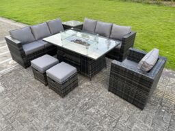 Fimous Outdoor Rattan Garden Corner Furniture Gas Fire Pit Table Sets Gas Heater Lounge Chair in Dark Grey - thumbnail 4