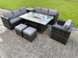 Fimous Outdoor Rattan Garden Corner Furniture Gas Fire Pit Table Sets Gas Heater Lounge Chair in Dark Grey - thumbnail 3