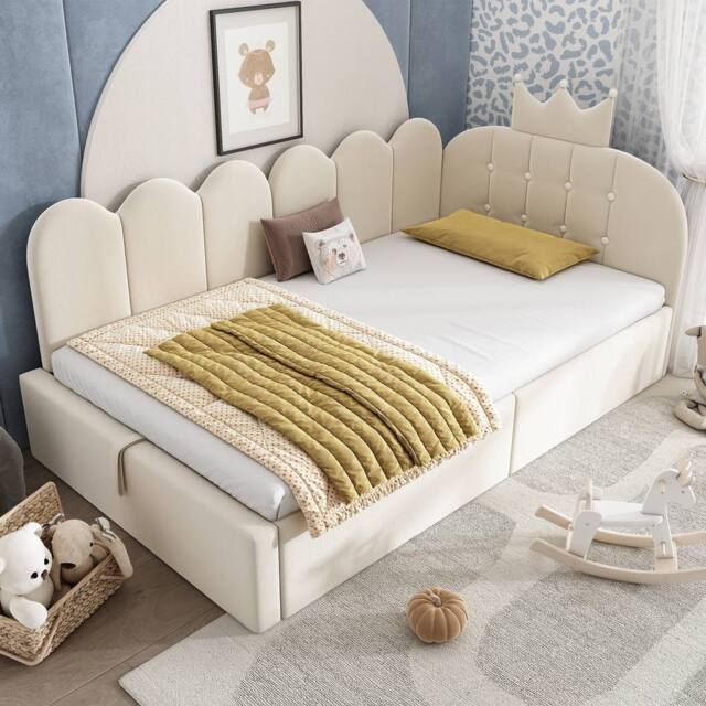 Rolipo Beige Velvet Upholstered Daybed with Hydraulic Storage 3FT Single - image 1
