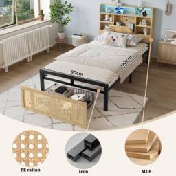 Matteo Wooden Single Bed - Smart Headboard with LED & USB, Rattan Storage in Natural - thumbnail 9