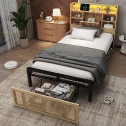 Matteo Wooden Single Bed - Smart Headboard with LED & USB, Rattan Storage in Natural - thumbnail 6
