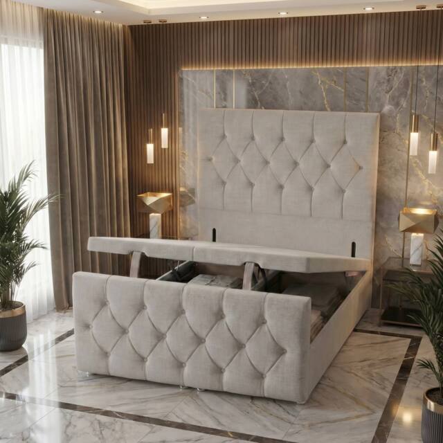 "Somnior Ziggy Storage Ottoman Divan Base 54"" Headboard & 22"" Footboard Linen in Light Grey - Size: Small Single" - image 1