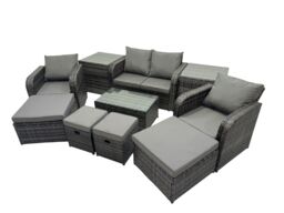 Fimous Garden Rattan Furniture Set 8 Seater with 4 Stools 2 Side Tables in Dark Grey - thumbnail 1