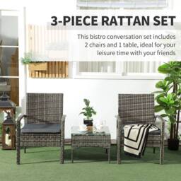 OUTSUNNY 3PC Garden Rattan Bistro Set with Glass Top Table in Grey - thumbnail 4