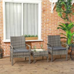 OUTSUNNY 3PC Garden Rattan Bistro Set with Glass Top Table in Grey - thumbnail 1