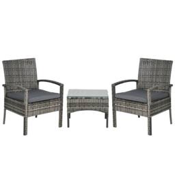 OUTSUNNY 3PC Garden Rattan Bistro Set with Glass Top Table in Grey - thumbnail 2