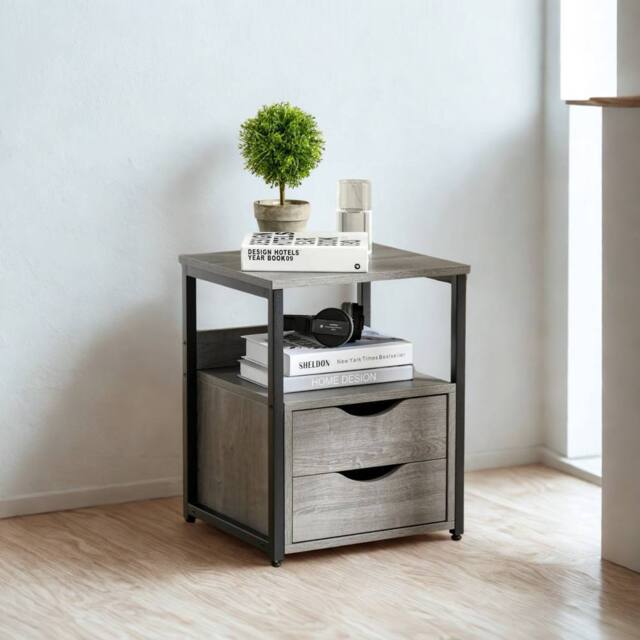 Pirlo Plush Industrial Bedside Table Nightstand With 2 Drawers & Shelf Greige in Grey - image 1