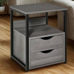 Pirlo Plush Industrial Bedside Table Nightstand With 2 Drawers & Shelf Greige in Grey - thumbnail 4