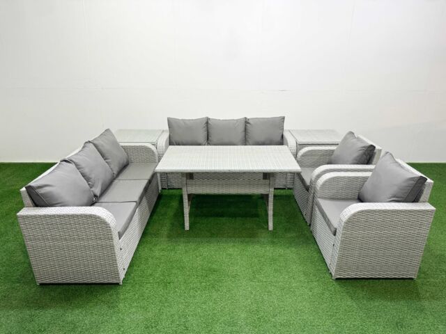 Fimous PE Rattan High Back Lounge Sofa Set Patio Rectangular Dining Table & Chairs Set with 3 Seater Sofa Reclining Chair 2 Side Table Light Grey - image 1