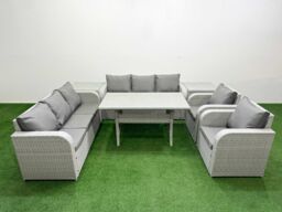 Fimous PE Rattan High Back Lounge Sofa Set Patio Rectangular Dining Table & Chairs Set with 3 Seater Sofa Reclining Chair 2 Side Table Light Grey - thumbnail 1