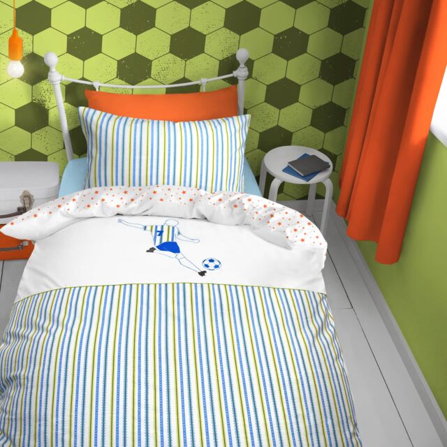 Sweet Dreams Soccer Applique Striped Duvet & Pillowcase Set - Size: Single