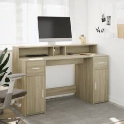 Berkfield Home Desk with LED Lights Sonoma Oak 140x55x91 cm Engineered Wood in Brown - Size: 140 x 55 x 91 cm - thumbnail 4