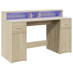 Berkfield Home Desk with LED Lights Sonoma Oak 140x55x91 cm Engineered Wood in Brown - Size: 140 x 55 x 91 cm - thumbnail 3