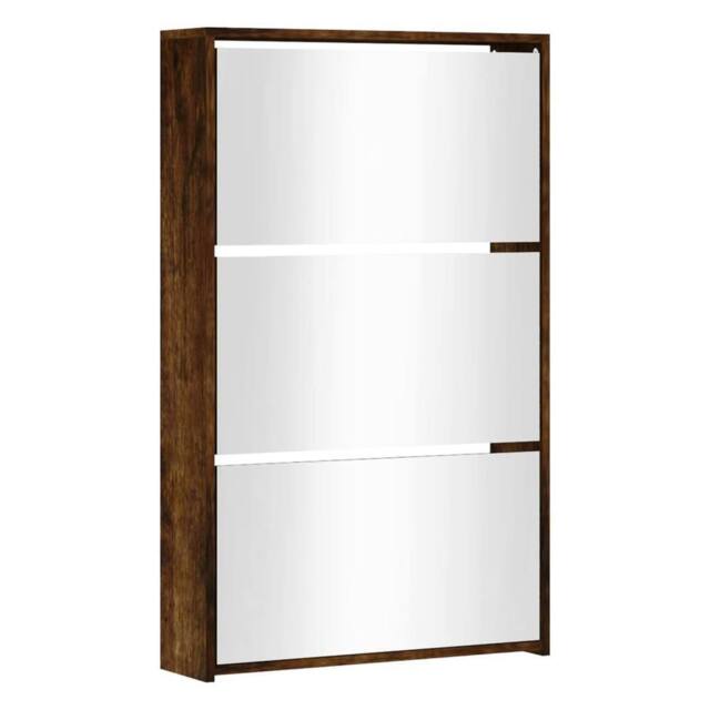 Berkfield Home Shoe Cabinet with Mirror 3-Layer Smoked Oak 63x17x102.5 cm in Brown - image 1